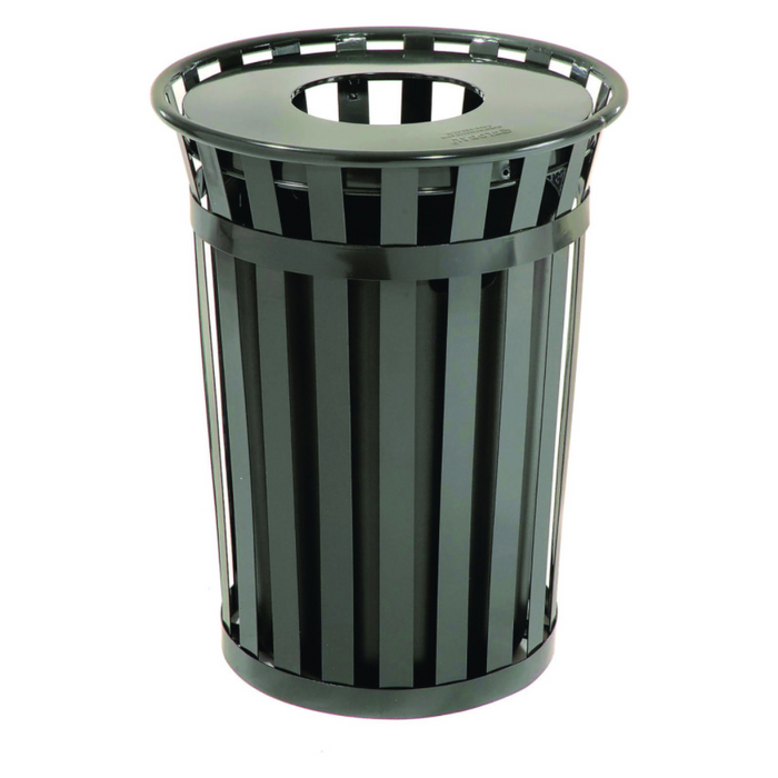 Outdoor Slatted Steel Trash Can, 36 Gallon, Black