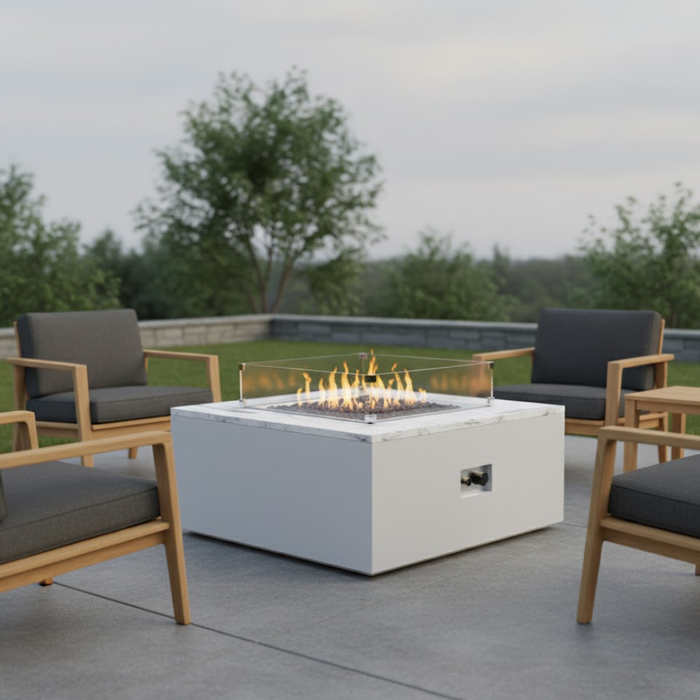 White Carrara Marble Square Fire Table